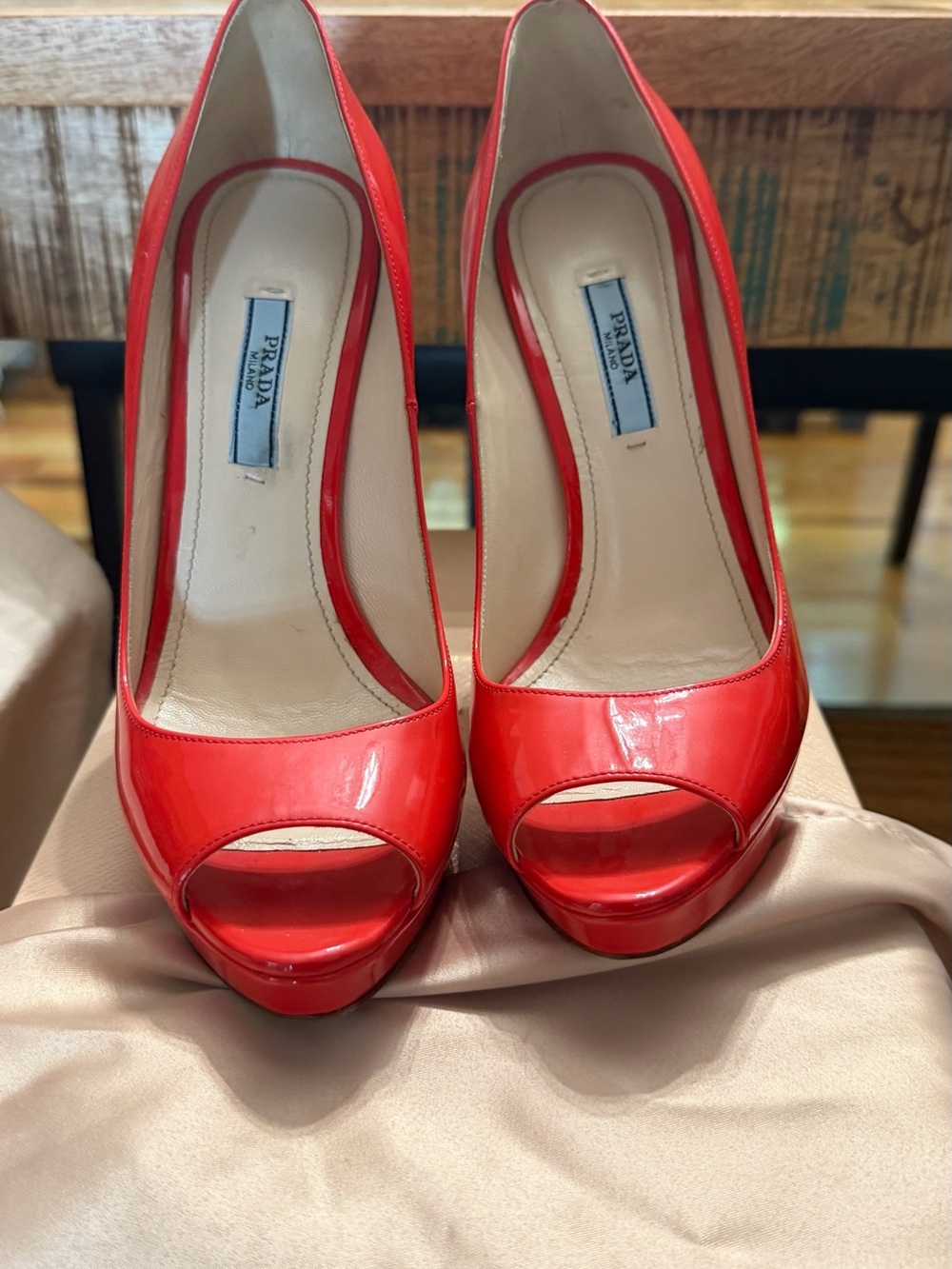 Prada Coral Red Patent Leather Peep-Toe Heels